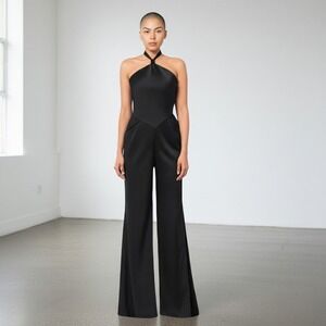 AQUA Halter Neck Wide Leg Satin Jumpsuit Womens 0 Black Party Hostess Event NWT